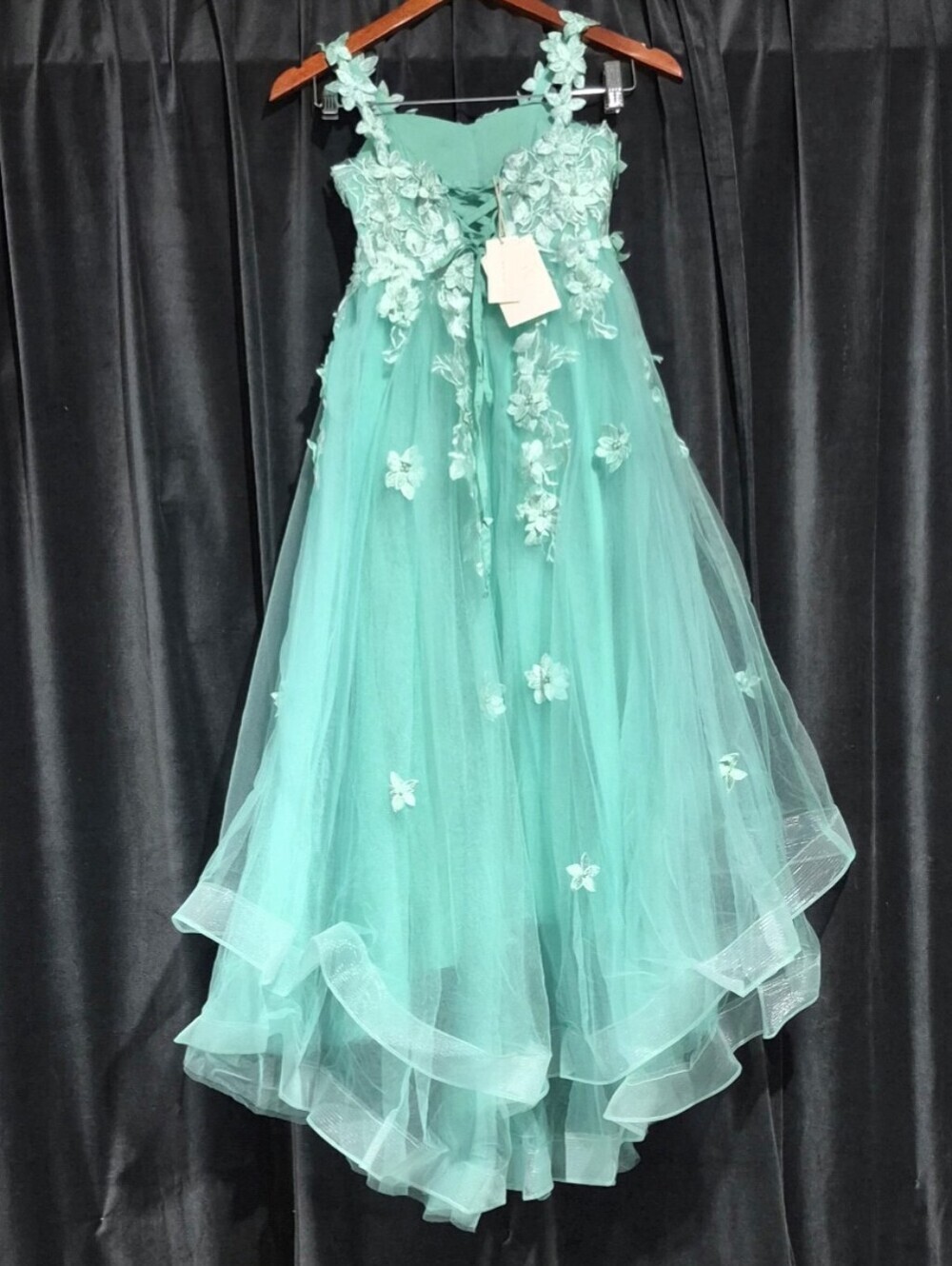 Girls Teal Floral Appliqué Tulle Dress